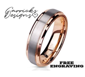 Engraved Men's Real Rose Gold Tungsten Wedding Ring 14k Rose Gold Brushed Steel - Picture 1 of 9