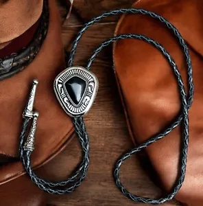 Bolo Tie Mens Wedding Necklace PU Leather Rope Western Cowboy Style - Picture 1 of 7