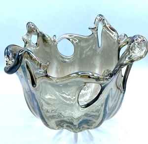 Ciotola vetro grigio fumè soffiato a mano cristallo floreale bianco design Murano italiano - Foto 1 di 7