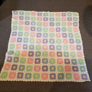Crocheted Afghan 50×50 White With Purple, Blue, Pink, And Green Flowers TXA - Picture 1 of 4