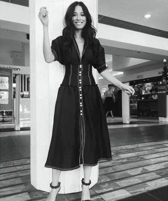 AJE Dress Size AU 8/ US 4 Isotoma Midi Black Button Up Silk Linen Blend Corset - Image 1 of 4