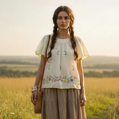 Top Vintage Hecho a Mano Bordado Floral Manga Corta Cosido Ribete Mujer M Crema Foto 1 de 4