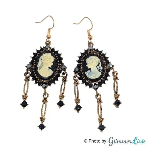 Vintage Style Black Cameo Gothic Chandelier Dangle Earrings Victorian Revival - Image 1 of 4