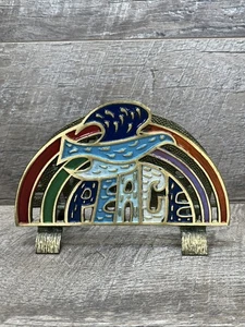 Vintage Enamel Brass Peace & Love Double-Sided Graphic Napkin/Mail Letter Holder - Picture 1 of 10