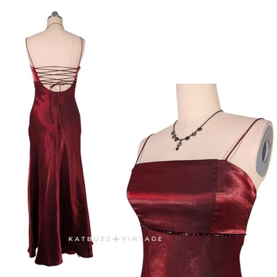 Vintage Nites Prom Dress Maxi Gown 8 Red 90s Y2K Corset Goth Satin Glam Grunge - Image 1 of 4