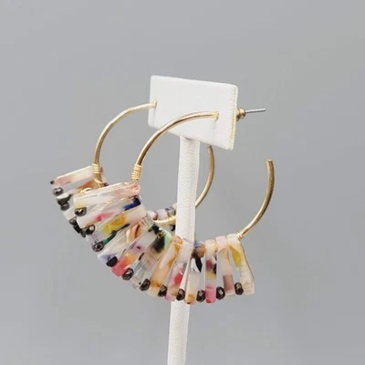 Colorful Resin Hoop Pierced Earrings Gold Tone Statement Jewelry 2" - Image 1 of 4