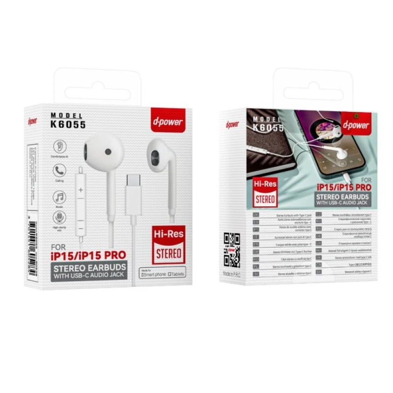 Headphones Kit Handsfree Type-C - D-power K6055 for iPhone 15/15 Pro - White D - Image 1 of 1