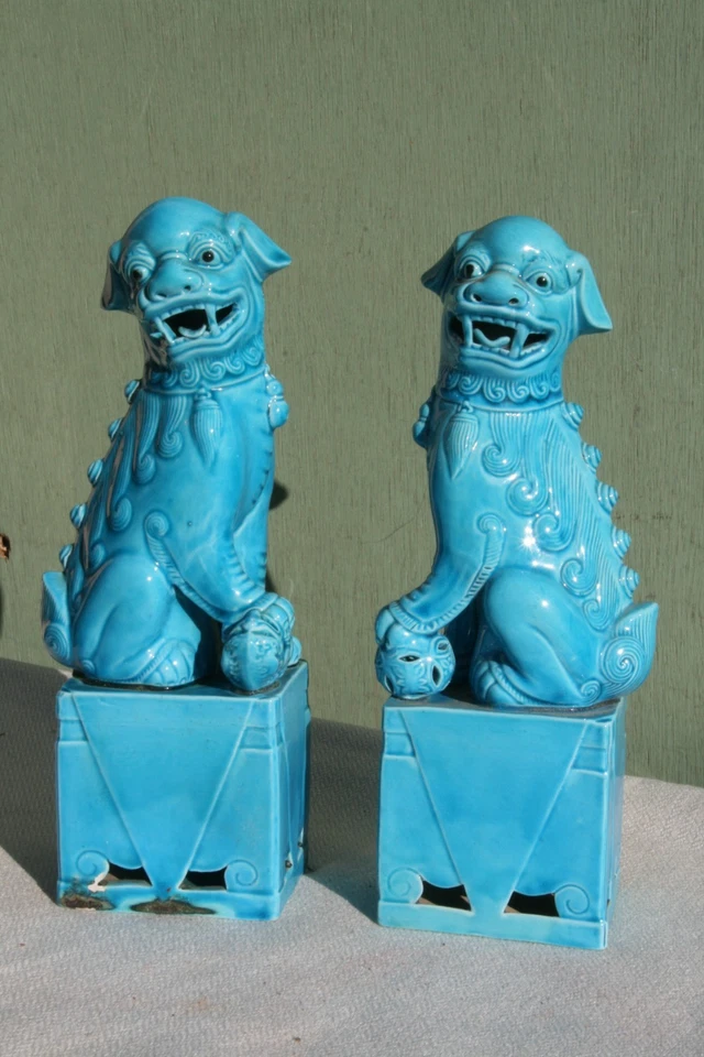 2 chiens Fo en céramique vernissée bleu de chine - Photo 1/4