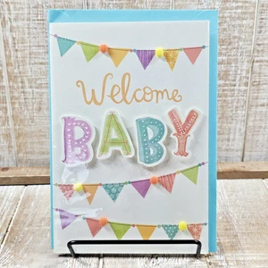 Hallmark Baby Grußkarte 5x7 Willkommen 3D Buchstaben Pom Poms Banner bunt - Bild 1 von 9