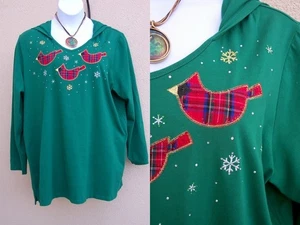 Quacker Factory Schottenkaro Kardinal Vogel Top Übergröße 2x HOLIDAY XMAS Bluse - Bild 1 von 9