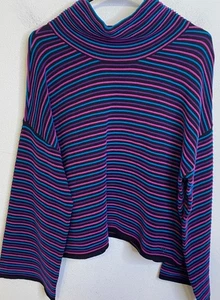 NEW DKNY Ribbed Cropped Mock Neck Sweater Stripe LARGE Pink Teal Purple Black - Picture 1 of 4