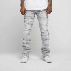 Mens Evolution Big & Tall PATCHWORK TRUE STACKED DENIM Gray JEANS Streetwear - Picture 1 of 10