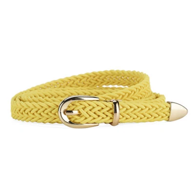 Women Lady Solid Gold Metal Buckle Braided Faux Leather Skinny Belt Waistband - Image 1 of 4