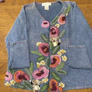 Susan Bristol Blue sweater S Wool 3D Embroidered Flowers W/ Monkeys Front Closur - Picture 1 of 13