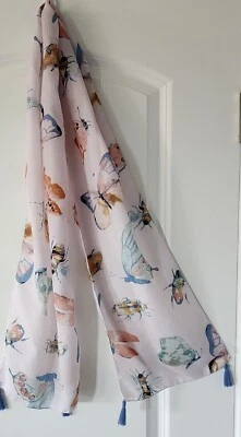 Pink Butterflies Insects Scarf Blue Tassels 58 In Lightweight  - Image 1 of 4
