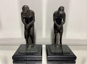 VTG. Pair of Brass Bronze Golfer Man & Woman Bookends Decorative Crafts Inc. - Picture 1 of 12