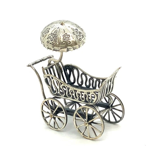 Vtg Sterling Signed Italy Victorian Filigree Style Baby Pram Trolley Miniature Cover