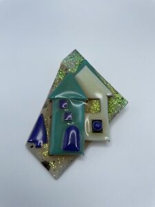 House Pins by Lucinda Vintage Brooch Teal White House Blue Tree