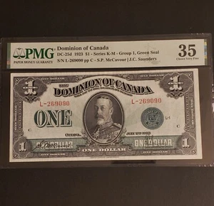 1923 Dominion of Canada $1 Banknote. GREEN SEAL. SERIES "L". PMG Graded. - Picture 1 of 2