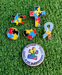 AUTISM Support Awareness Cloisonne Puzzle/Badge Lapel/Hat/Vest 6Pc Set Pin New - Picture 1 of 2