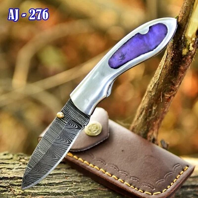 Handmade Forged Damascus Folding Blade Pocket knife - Back Belt Clip Hunter Gift - Image 1 of 4