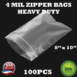 100 - 8" x 10" ZIP SEAL TOP LOCK BAGS CLEAR 4 MIL PLASTIC RECLOSABLE BAGGIES - Picture 1 of 6