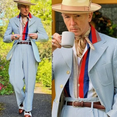 Summer Seersucker Men Suits Slim Fit Single Breasted Beach Notch Lapel Tuxedos - Image 1 of 4