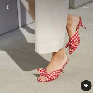 LOEFFLER RANDALL Gingham Now Kitten Mule White Red CHECK US:7B - Picture 1 of 11