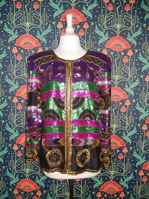 Chaqueta de fiesta trofeo seda lentejuelas verde oro rosa púrpura vintage años 90 Y2K Foto 1 de 4