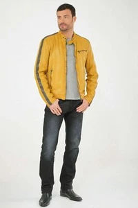 Yellow Slim Fit Motorcycle New Men Genuine Real Lambskin Leather Biker Jacket - Picture 1 of 8