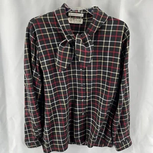 Orvis Womens Plaid Button Up Shirt Blouse Tie Neck Size 14 Cotton/Poly Black/Red - Picture 1 of 7