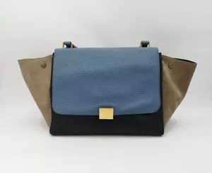 CELINE Women's Blue Black Brown Leather Trapeze Bag Used Condition - Picture 1 of 12