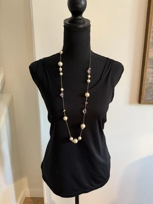 JCrew Station Necklace 36” Gold Tone Chain Pearl & Translucent Pale Pink Beads - Image 1 of 4