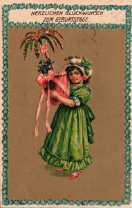 Postal vintage de feliz cumpleaños niña con una planta en relieve B272 - Imagen 1 de 2