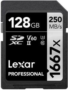 128GB Lexar Professional 1667X V60 250MBs UHS-II U3 SD Class 10 SDXC Memory Card - Picture 1 of 2