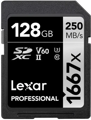 128GB Lexar Professional 1667X V60 250MBs UHS-II U3 SD Class 10 SDXC Memory Card - Image 1 of 2