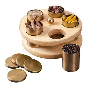 wooden stainless steel masala box 5 jars container (9 inch Dia, Gold) - Picture 1 of 7
