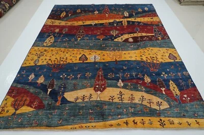 Небольшой шерстяной ковер ручной вязки племенной афганский габбе пейзаж синее дерево 8 x 10 футов - Изображение 1 из 4