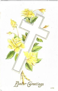 Vintage Greetings Postcard Easter Cross Yellow Roses Embossed - Picture 1 of 2