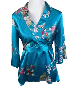 Camicetta vintage SILVER DRAGON asiatica broccato seta top donna blu medio floreale Y2K - Foto 1 di 15