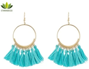 Orecchini con frange in nappa filettata turchese blu stile bohemien - Foto 1 di 1