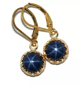 Star Sapphire 14K Gold Filled Crown Drop Lever-back Earrings (8mm Lab Created) - Picture 1 of 5