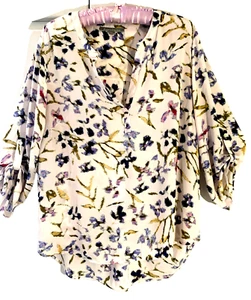 Daniel Rainn Pretty Tunic PL 3/4 RollTab slv Split Vneck Banded collar Floral - Picture 1 of 5