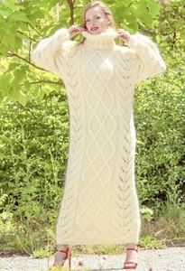 Designer ivory dress long mohair turtleneck fuzzy hand knitted gown SUPERTANYA - Picture 1 of 11