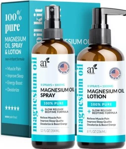 ArtNaturals Magnesium Oil Spray 12 oz + Body Massage Lotion Set 8oz for Feet, - Picture 1 of 7