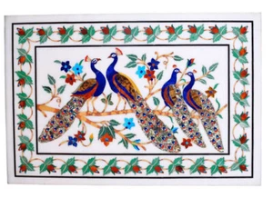 18" x 24" white marble coffee peacock design table top inlay wall home decor - Picture 1 of 4
