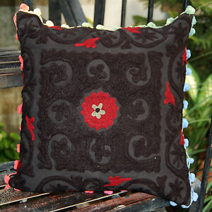 Decorative Suzani Pillow Cases Black Cushion Cover Embroidered Square Pom Pom