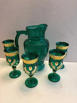 JARRA/JARRA DE VIDRIO FLASH VERDE Y 6 TALLOS/COPAS, ESTILO REAL, ADORNO DORADO Foto 1 de 4