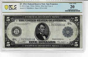 1914 $5 Federal Reserve note (San Francisco) fr.891a--PCGS VF 20 - Picture 1 of 6