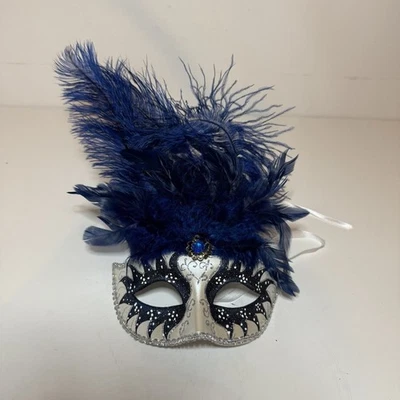 NWT Masquerade Mask Feather Navy Blue Pearl Mardi Gras Venetian Ball Mask - Image 1 of 3
